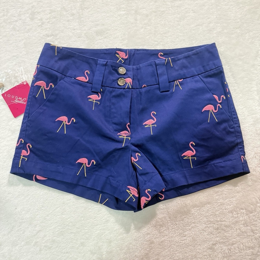 Loudmouth Shorts Women's 0 Navy Pink Embroidered Flamingo Golf New